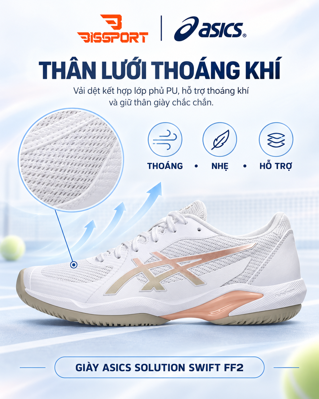 Giày Pickleball/Tennis ASICS SOLUTION SWIFT FF 2 Trắng Vàng Be Chính Hãng - Êm Ái, Ổn Định - Giảm Chấn - Siêu Bền